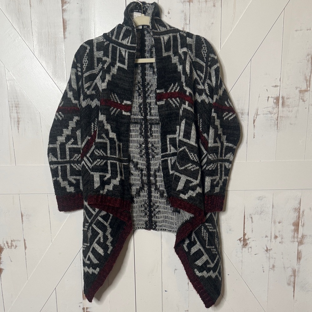 Geometric Aztec Knit Cardigan Maroon and Gray